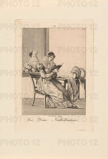 A reading woman in costume from North Holland, The Netherlands, Carl Cristiaan Fuchs, Pieter van der Meulen, Hendrik Greeven, 1802 - 1855