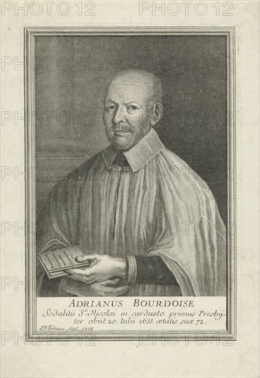 Portrait of a priest Adrian Bourdoisius, at the age of 72, print maker: Nicolas Pitau II, 1713