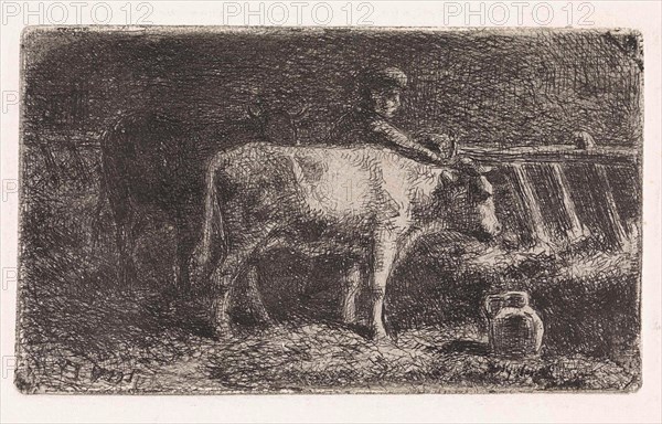 Farmer between two cows in a manger in a stable (small version), Jan Vrolijk, 1860 - 1894