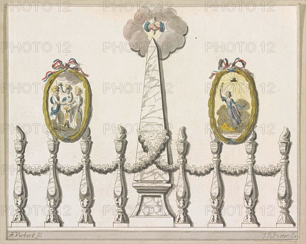 Coming unity and indivisibility of the Batavian Commonwealth and the Alliance, decoration at the Town Hall on the Dam, Amsterdam The Netherlands, 1795, A. Verkerk, Johannes Roelof Poster, 1795