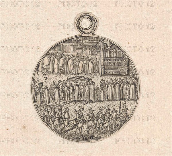 The back of a medal engraved with the burial of Jacob van Heemskerck, print maker: Dirck Strijcker, 1611