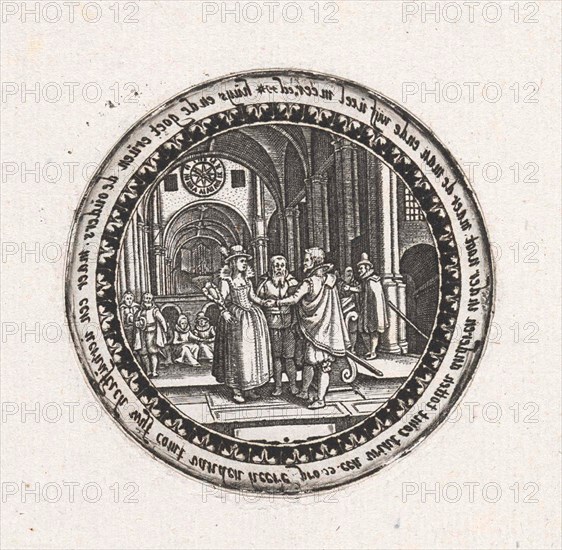 Print of a medallion with a depiction of a wedding ceremony in a church, Dirck Strijcker, 1607 - 1677