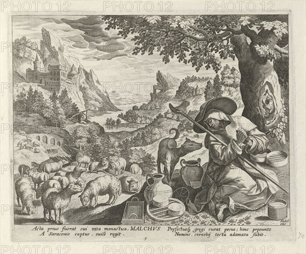 Malchus of Chalcis as a hermit, Johann Sadeler (I), RaphaÃ«l Sadeler (I), Maerten de Vos, 1583 - 1588