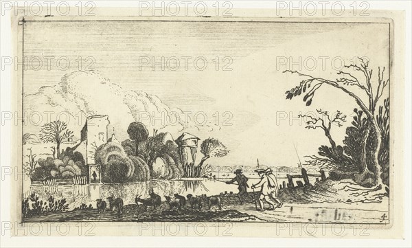 Shepherd with goats and sheep near a river, Esaias van de Velde, print maker: Anonymous, Claes Jansz. Visscher II possibly, 1610 - 1650