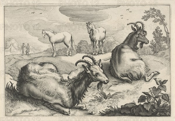 Landscape with two goats and two horses, print maker: Reinier van Persijn, Jacob Gerritsz Cuyp, Nicolaes Visscher I, 1641