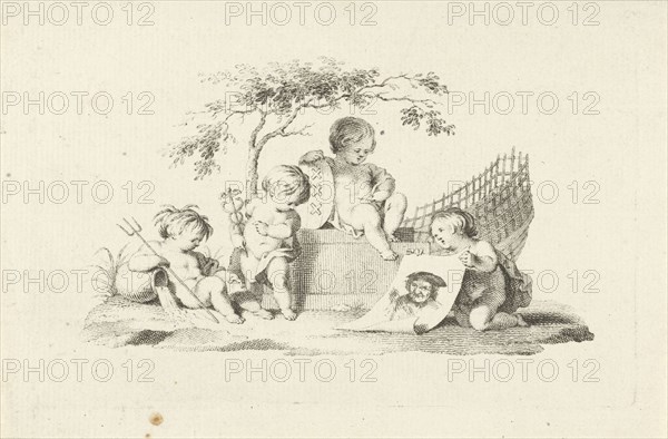 Four putti with a portrait of Adam Silo, Jacob van der Schley, 1725 - 1779