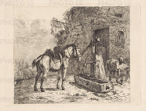 Horse before an inn, Abraham Hendrik Winter, 1815-1860