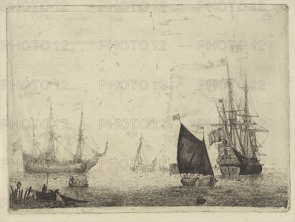 Seascape with two three-masters with lowered sails, print maker: Adam Silo, 1689 - 1760