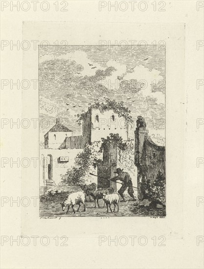 Shepherd with sheep in a village, Jan Izaak van Mansvelt, 1771 - 1802