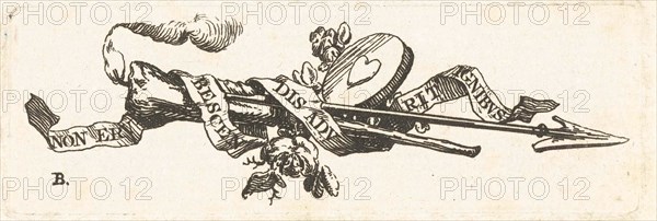 Vignette featuring a burning torch, arrow, heart and ribbon with the inscription non erubecsendis adurit ignitus. Willem Bilderdijk, 1766 - 1831