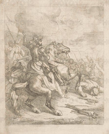Henry II, Holy Roman Emperor on horseback in battle, print maker: Theodoor Schaepkens