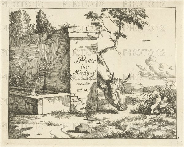 Grazing cattle behind wall, Marcus de Bye, Pieter Schenk (II), 1728 - 1768