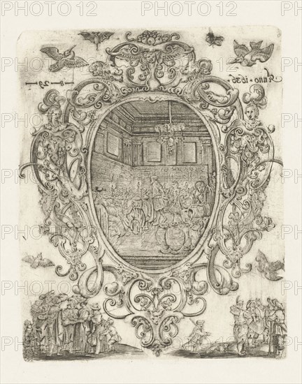 Cartouche with heads, cherubs and masks, Hans Janssen, print maker: Anonymous, c. 1800 - c. 1900