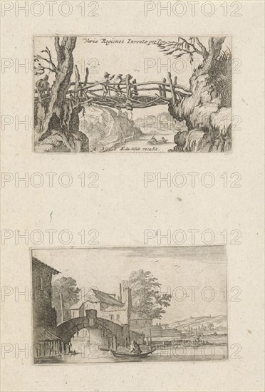 Three hikers on a wooden bridge and rowing boat before a stone bridge, Gillis Scheyndel I, Frederik de Wit, 1640-1706