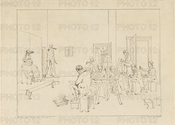 Drawing class, print maker: DaniÃ«l Batavus Voorman, Adrianus Gerardus van Schoone, 1805 - 1850