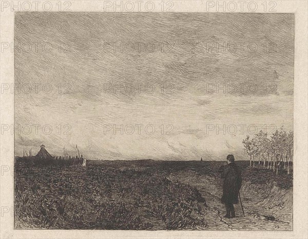 Flat landscape with a man with walking stick, Willem Steelink (II), 1866 - 1928