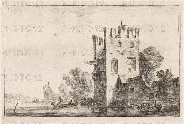 Square tower on the waterfront, Anthonie Waterloo, Justus Danckerts, Cornelis Danckerts (II), 1630 - 1663