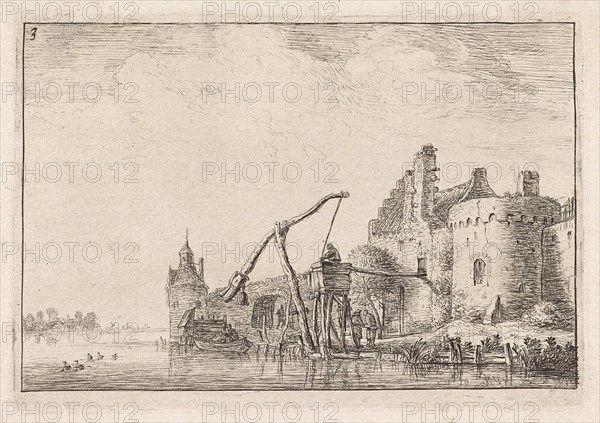 Walls seen from the water, print maker: Anthonie Waterloo, Cornelis Danckerts II, 1630 - 1663 and or 1630 - 1718
