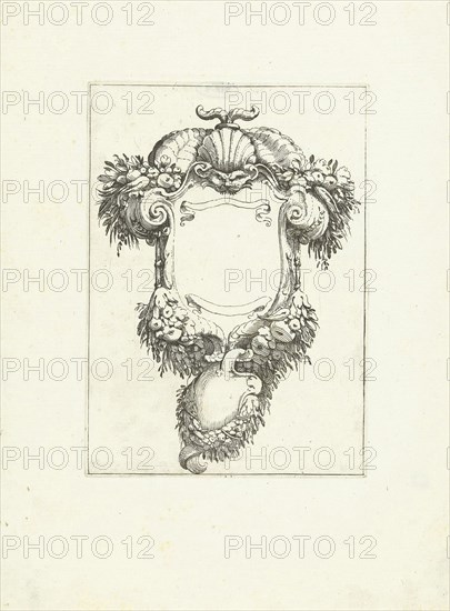 Cartouche with mask and cornucopias, Agostino Mitelli, print maker: Anonymous, after 1619 - before 1642