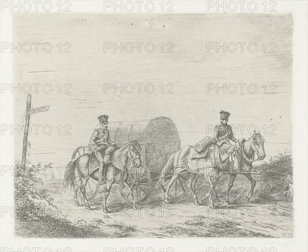 Two soldiers on horseback on the road, print maker: Christiaan Wilhelmus Moorrees, 1811 - 1867