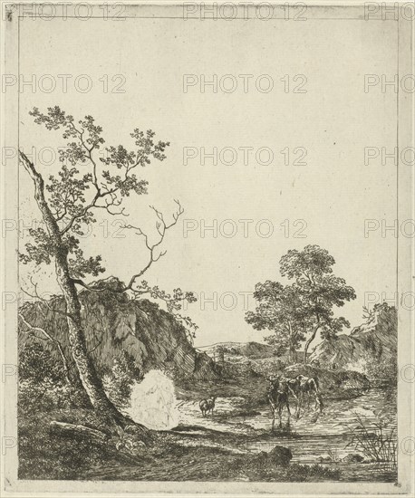 Landscape with cattle in river, print maker: Johannes Janson, 1761 - 1784