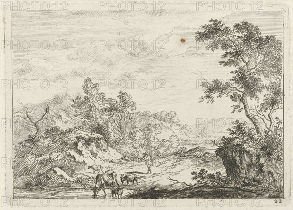 Landscape with shepherd and cattle by brook, Johannes Janson, 1761-1784