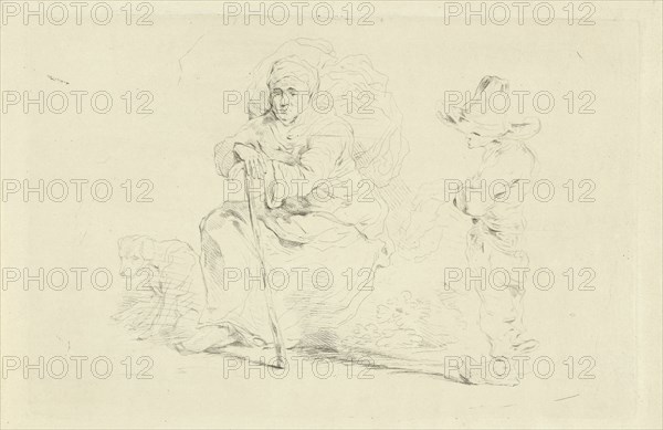 Resting woman leaning on a stick, print maker: Jean Zacherie Mazel, 1802 - 1884