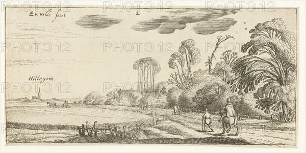 Landscape with rider and walker on a road at Hillegom, Esaias van de Velde, 1615 - 1616