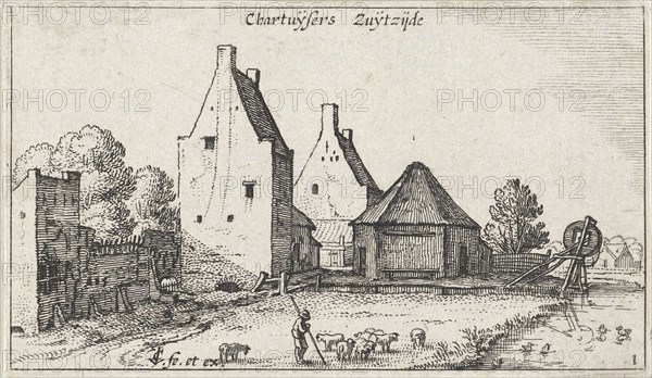 View of the south side of the Carthusian Monastery near Amsterdam, a shepherd with sheep, The Netherlands, print maker: Claes Jansz. Visscher (II) (mentioned on object), Dating 1612 - 1652