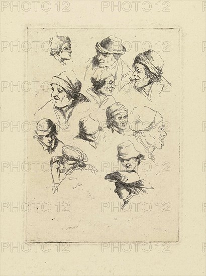 Study Sheet with twelve heads, print maker: Marie Lambertine Coclers, 1776 - 1815