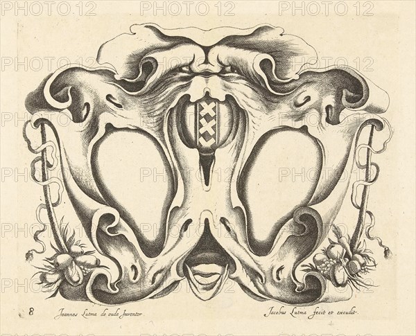 Lobe Cartouche with arms of Amsterdam, print maker: Jacob Lutma, Johannes Lutma I, Frederik de Wit, c. 1654 - c. 1678