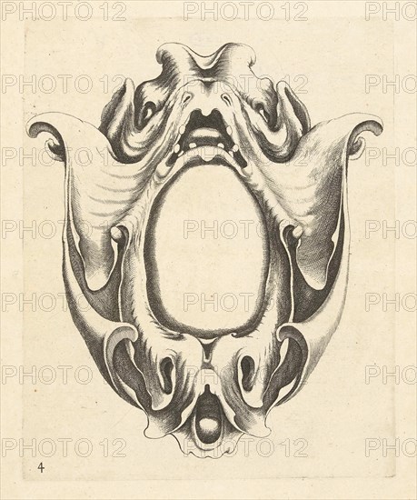 Cartouche with mask with gaping mouth, print maker: Jacob Lutma, Johannes Lutma I, Frederik de Wit, c. 1654 - c. 1678