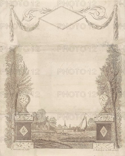 Wish Letter with decorative framework with a townscape, print maker: Leonardus Schweickhardt, Jan Hendriksen, 1793 - 1862