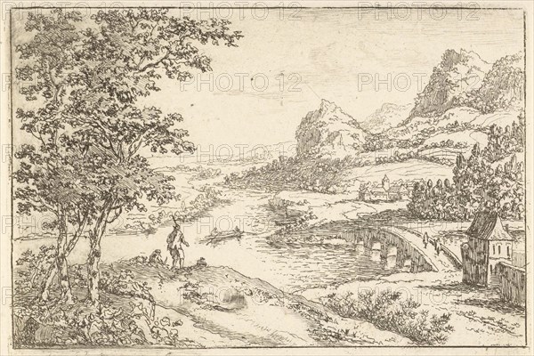 Stone bridge at a river junction, Jan van Almeloveen, 1662-1683