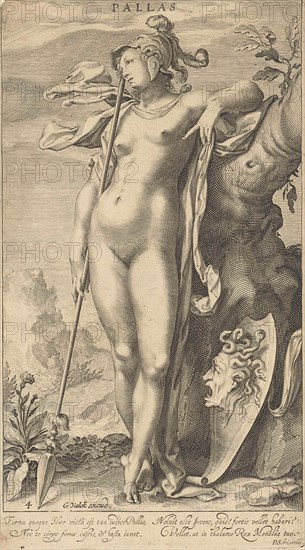 Minerva in a tree, print maker: Willem Isaacsz. van Swanenburg, Michiel Jansz van Mierevelt, Petrus Scriverius, 1670 - 1726