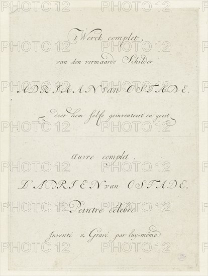 Title engraving of the complete series of prints by Adriaen van Ostade, Anonymous, weduwe van Jean Pierre FranÃ§ois Basan, 1797 - 1820