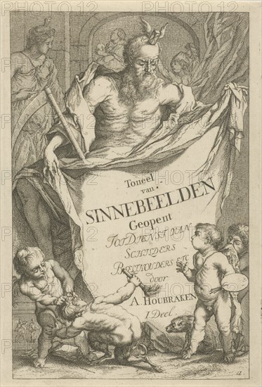 The Death personified holding a cloth on which the series title in ten lines in Dutch, three putti, one with painter's palette, the putto left overpowers a small satyr, left in the background a female figure with a rooster on her head (Vigilance), print maker: Arnold Houbraken, Dating 1688 - 1700