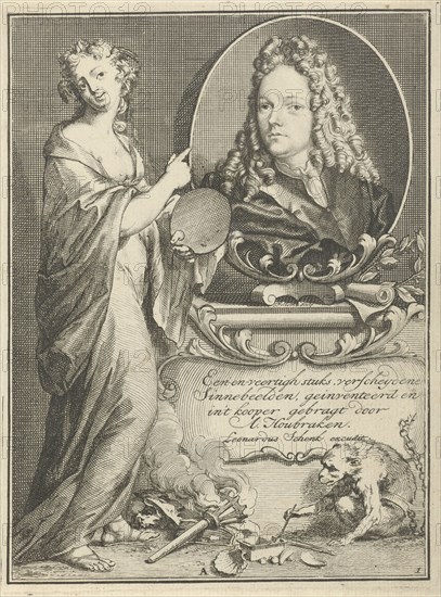 Female Figure with palette pointing to portrait of Arnold Houbraken, Arnold Houbraken, A. Houbraken, Leonard Schenk, 1710 - 1719