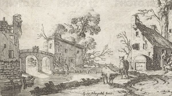 Hearing, at the river are a farm, a tower and other buildings, against the tower ladder a woman and two men, across the water is a bridge on the river two figures in a boat, in the foreground, two sheep, the print is a part of a series of landscapes with the five senses, print maker: Gillis van Scheyndel (I) (mentioned on object), Dating 1618 - 1645