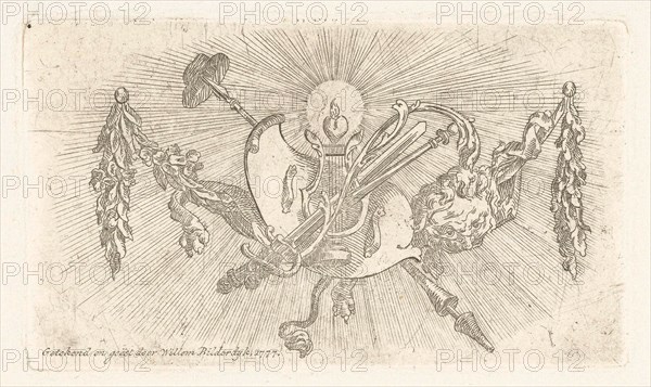 Vignette with winch, burning heart, shield, freedom hat and sun, Willem Bilderdijk, 1777