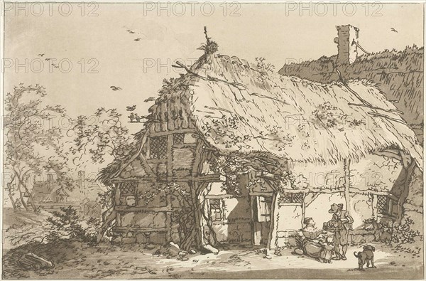 Farm with a family in the yard, print maker: Hendrik Meijer, print maker: Timothy Sheldrake, 1789 - 1793