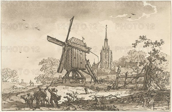 landscape with a windmill and a church, Hendrik Meijer, Timothy Sheldrake, 1789 - 1793