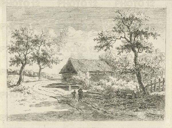 On a road walk a man and a child along some tree trunks, in the background trees and a farm, print maker: Gerrit Jan MichaÃ«lis (mentioned on object), Dating 1785 - 1857