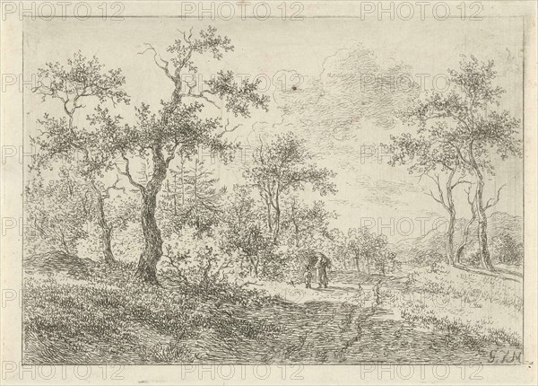 Wooded Landscape with a woman and a boy, print maker: Gerrit Jan MichaÃ«lis, 1785 - 1857