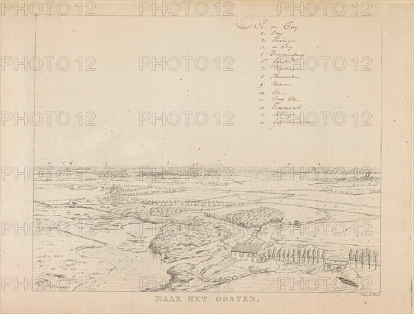 View of the landscape east of Nijmegen, with floodplains, in the distance is Ooij, on the horizon are the church towers include the towns Ooy, Persingen, Doornenburg, Gendt, Hulhuizen, Pannerden, Elten, Hoog Elten en Emmerik displayed, print maker: Derk Anthony van de Wart (mentioned on object), Dating 1815 - 1824