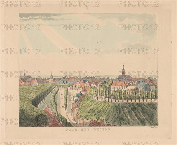 Nijmegen, view from the Belvedere to the west, Stevens Church, Gasthuiskerk, Valkhof with Barbarossa-ruin, The Netherlands, print maker: Derk Anthony van de Wart (mentioned on object), Dating 1815 - 1824