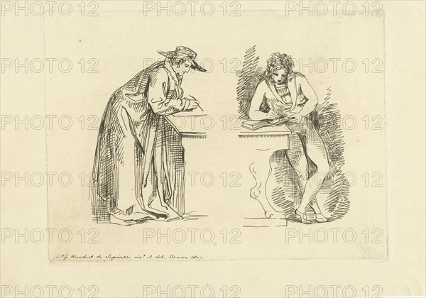 Study Sheet with two male figures, print maker: F. Bruining attributed to, David PiÃ¨rre Giottino Humbert de Superville, c. 1802 - c. 1850