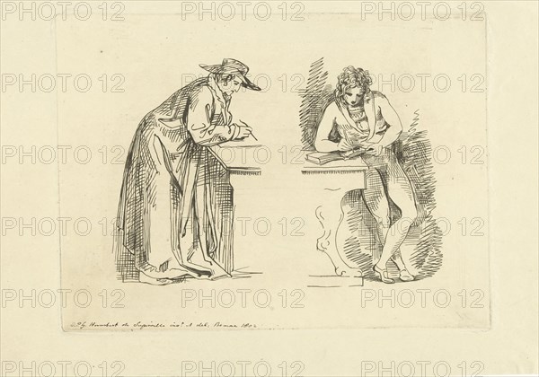 Study Sheet with two male figures, print maker: F. Bruining attributed to, David Pièrre Giottino Humbert de Superville, c. 1802 - c. 1850