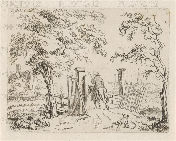 Rider with dog at a bridge, Hendrik Marcus Schouten, 1810