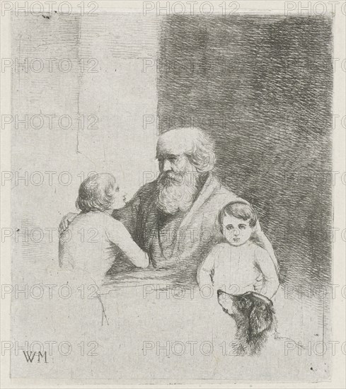 Old man with two kids and a dog, Christiaan Wilhelmus Moorrees, 1811 - 1867